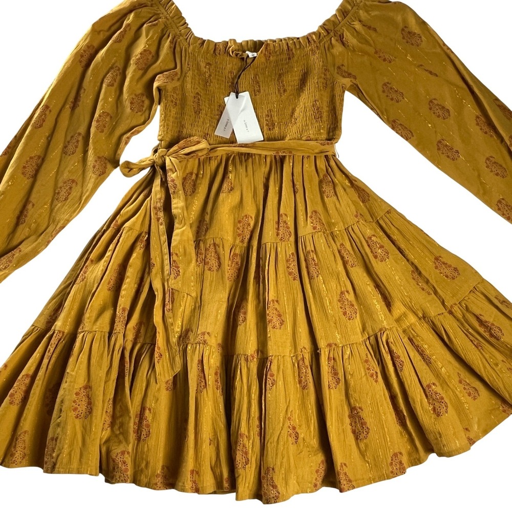 A Loves‎ A Mustard Cotton Smocked Tiered Mini Dress Boho M NWT